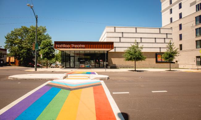 rainbow crosswalk in front of hattiloo theatre