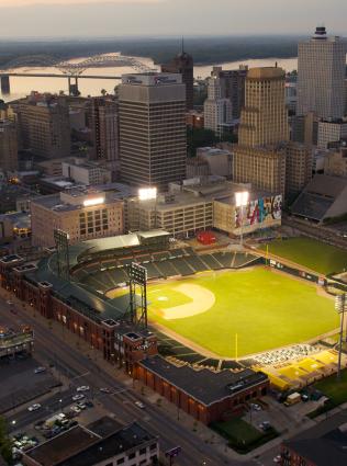 aerial view of downtown memphis and AutoZone Park at night