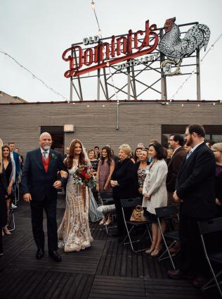 Wedding on the Old Dominick Distillery rooftop