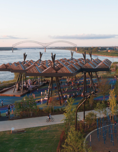 drone shot of Tom Lee Park along the Mississippi River