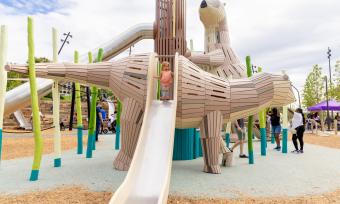 A slide swoops down from an otter-themed playground structure at Memphis' Tom Lee Park